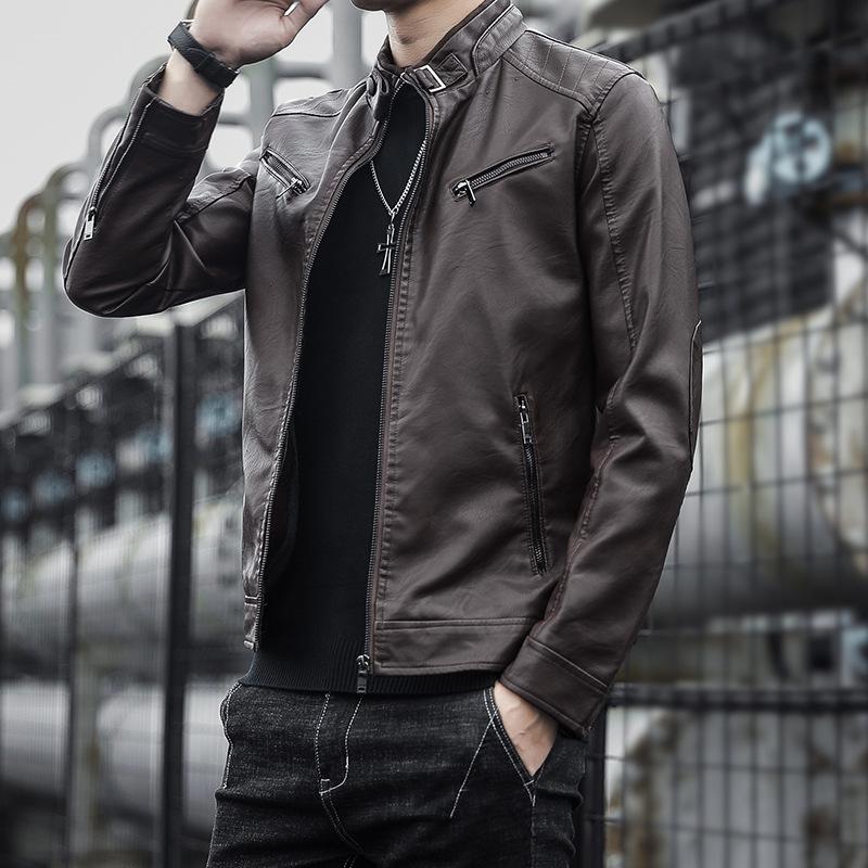 Весенняя мужская куртка Повседневная кожаная куртка Мужская одежда Locomotive Trendy Jacket Корейская версия воротник-стойка Куртка из искусственной кожи