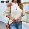 Autumn Winter Solid Color Slip Shoulder Cross Neck Lantern Sleeve Sweater Sweater Women