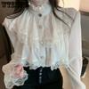 Korean White Blouse Women Stand Collar Chiffon Shirts Long Sleeve Ruffles Lace Tops Vintage Elegant Female Shirts