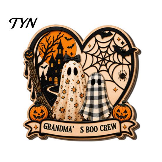 Wooden Ghost Skull Decorations Halloween Table Sign, Plaid Pumpkin Desktop Ornament with Stand, Kid Friendly Party Supplies Farmhouse Fall Home Decor