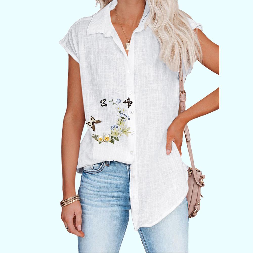 Женская модная футболка без рукавов, тонкая повседневная блузка с цветочным принтом, женская рубашка на пуговицах