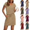 Women's Summer V-neck T-shirt Casual Short Sleeve Drawstring With Pocket Solid Color Dresses