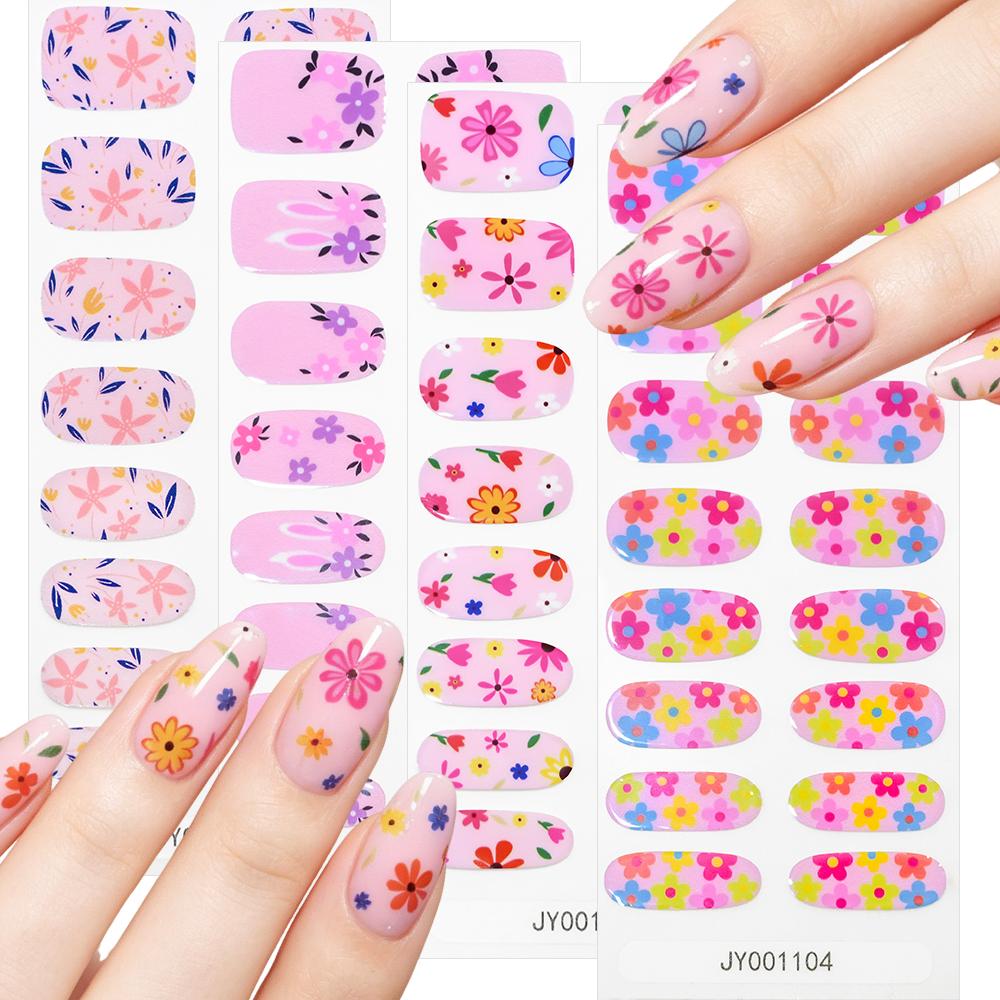 20tips Pink Purple Daisy Full Cover Nail Gel Stickers 3D Self-Adhesive Rose Lily Flower Nail Wraps Cute Summer Floral Nails*1pcs