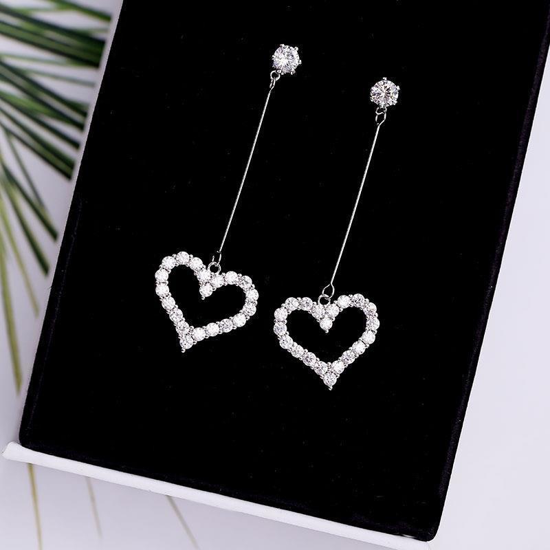 Exquisite Korean Simplicity Jewelry Gift Women's Fashion Temperament Crystal Long Tassel Heart Earrings