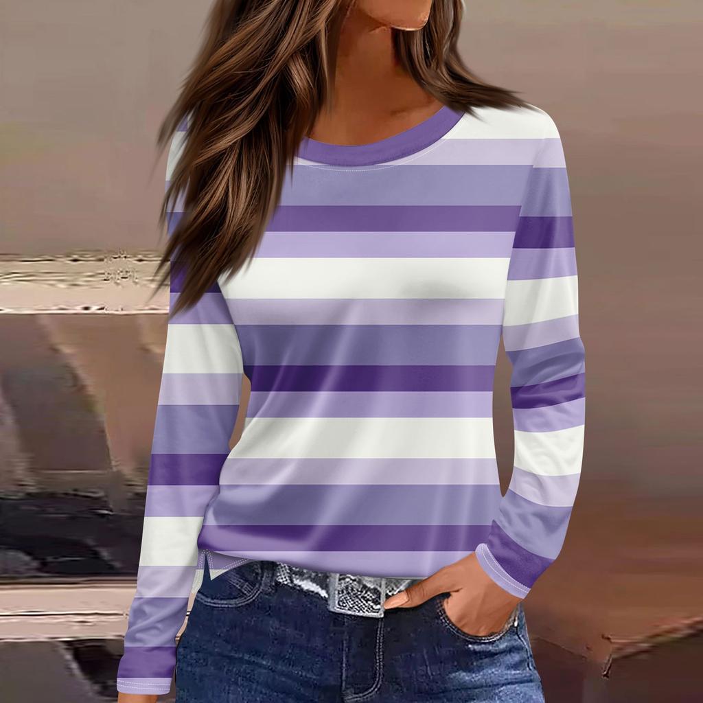 Women's Fashion Casual Slit Hem Round Neck Long Sleeve Loose Printed T-Shirt Ladies Top