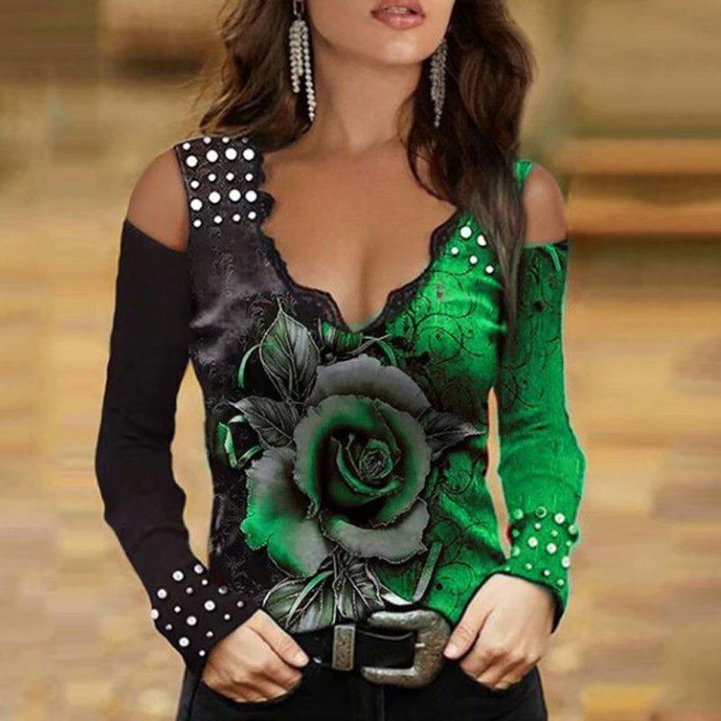 Женские модные повседневные блузки с V-образным вырезом и цветочным принтом, топы с длинным рукавом, женская свободная футболка без бретелек, рубашка из хлопка большого размера