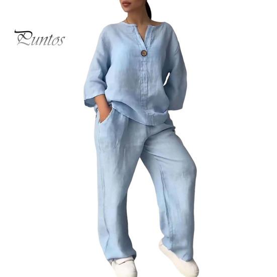 2 Pcs/Set Blouse Pants Set V Neck Long Sleeves Button Decor Top Wide Leg Loose Drawstring Elastic Waist Trousers OL Commute Casual Homewear Outfit