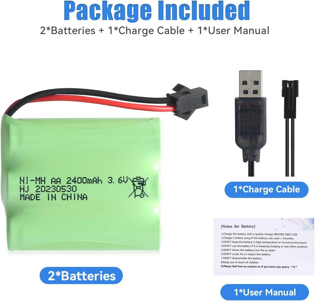 3.6V 2400mAh Ni-MH AA Rechargeable Battery with USB Charging Cable and SM-2P Connector – Ideal for RC Toys, Lighting, and Power Tools
