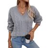 Women's Fashion Casual Loose Solid Color Pullover Retro Cable V-Neck Long Sleeve Knit Sweater