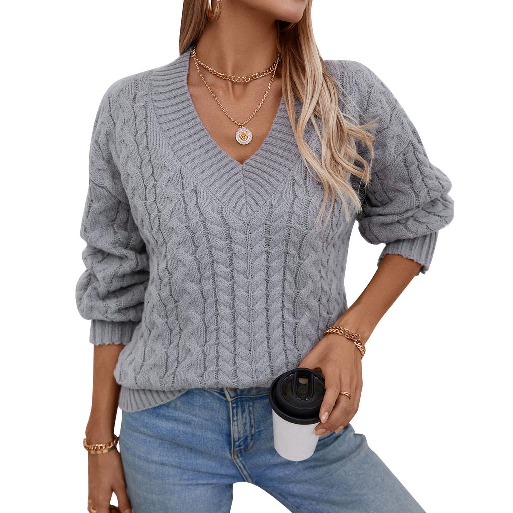 Women's Fashion Casual Loose Solid Color Pullover Retro Cable V-Neck Long Sleeve Knit Sweater