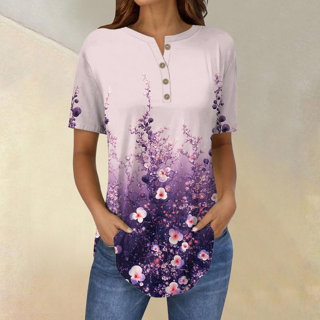 Short Sleeve Womens Tops Summer T-Shirts Floral Print V Neck Casual Basic Tee Button Shirts Tunic Tops