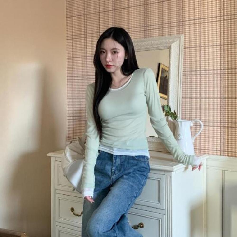 New Arrivals Open Run Women Thin Long Sleeve Round Neck Sheer T shirT