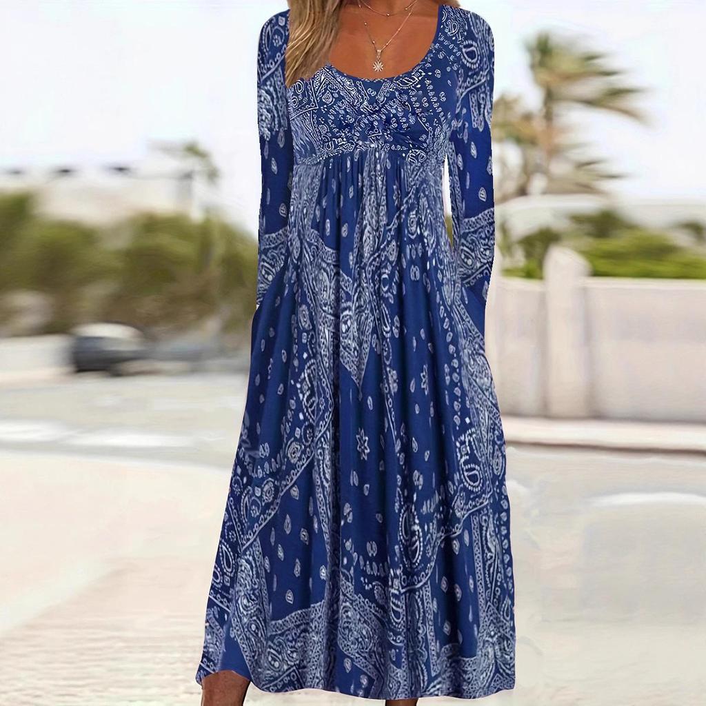 2025 Трансграничное европейско-американское осеннее цветочное платье макси с длинным рукавом