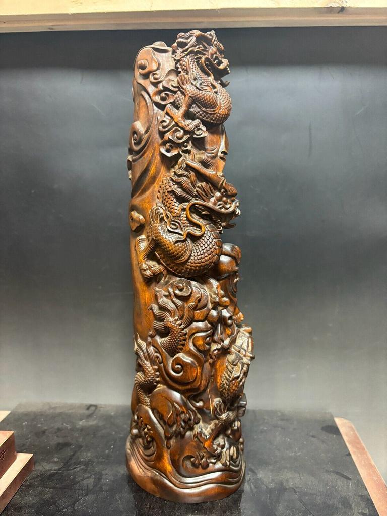 Kwan Yin Dragon Wooden Figurine Carved Home Decor Buddha Guanyin Statue Large