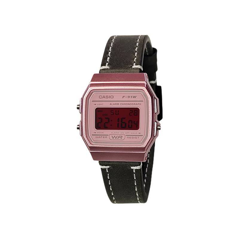 Casio Индивидуальные часы, модифицированная серия, красное зеркало, ретро, маленькие квадратные часы -4 модифицированные-красный янтарь, кварцевые, кожаный ремешок, m F-91WS