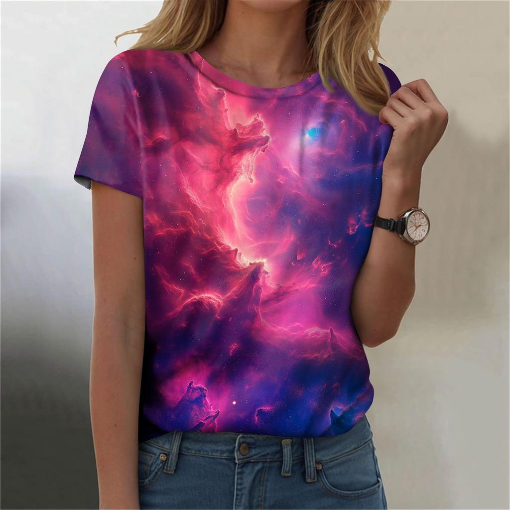 Женская мода повседневная футболка с круглым вырезом и короткими рукавами с принтом неба