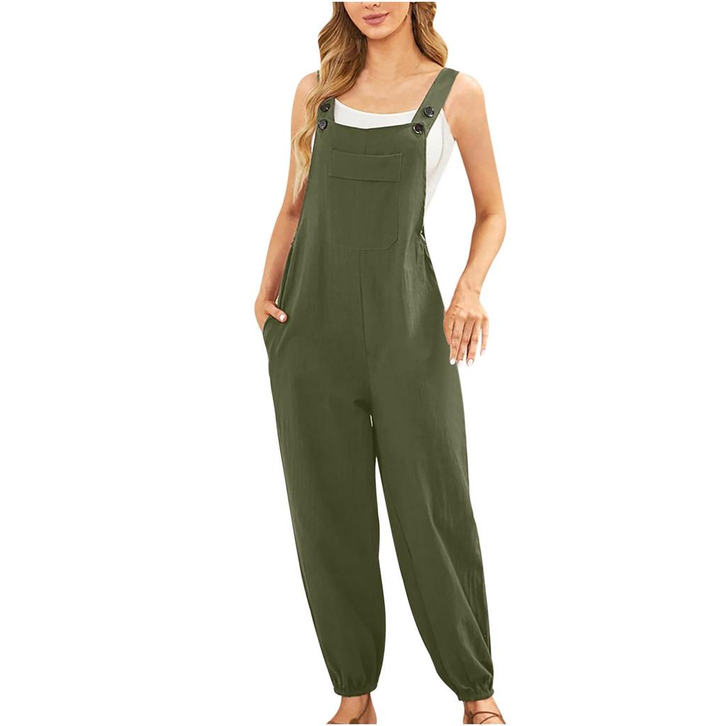 Women's Fashionable Casual Solid Color Sleeveless Vest Cotton Linen Jumpsuit Pocket Overalls