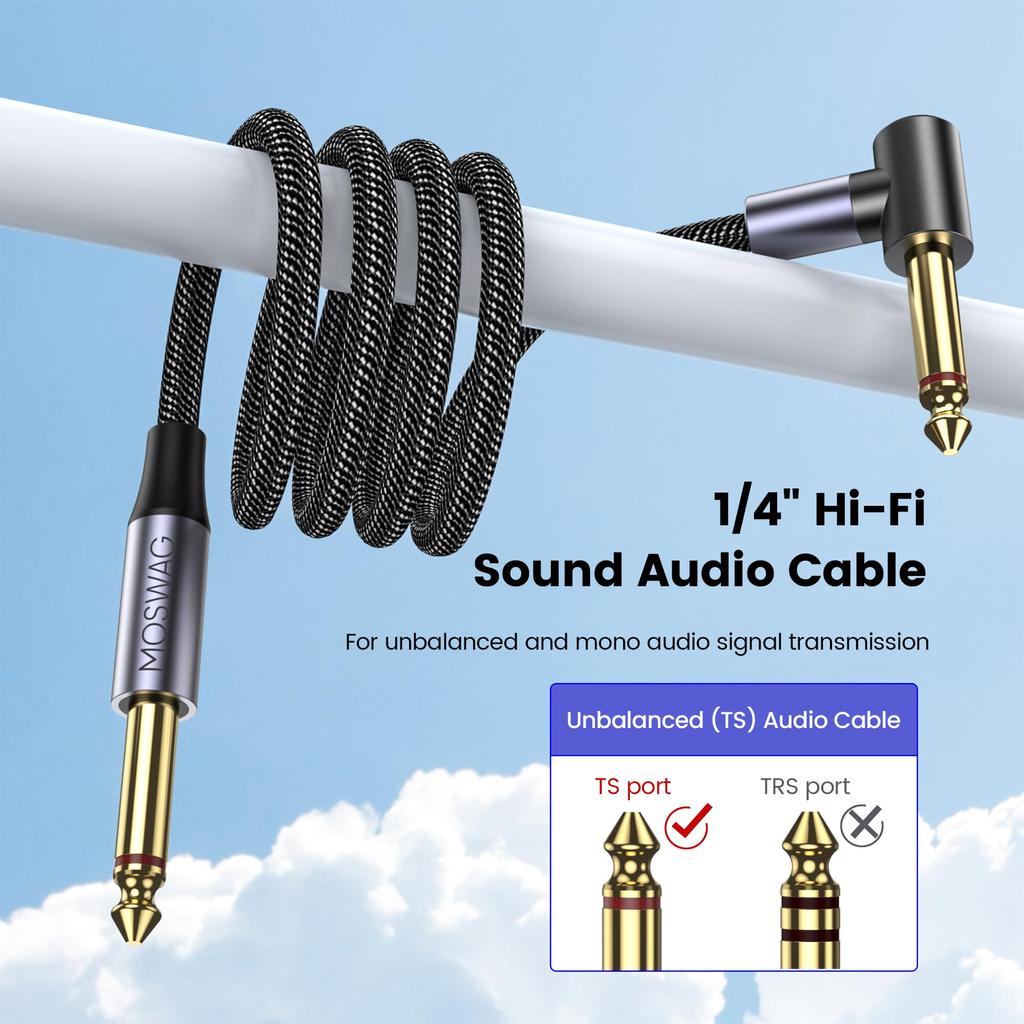 MOSWAG Экранированный гитарный кабель с прямым углом, Инструментальный кабель с прямым углом, Монофонический разъем TS, Гитарный кабель, Совместимый с кабелем для басового усилителя, Шнур, Кабель 1/4",