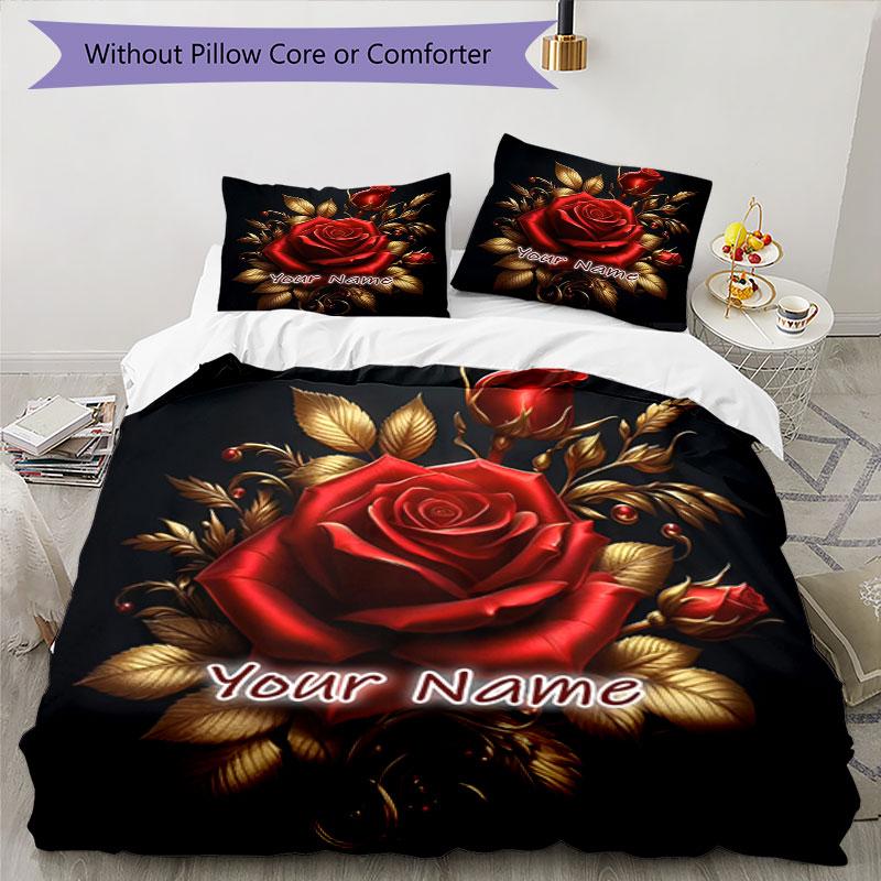 3PC Custom Name Roses Elegance Bedding Set Printed Bedding Set Duvet Cover Closure Includes 1 Duvet Cover & 2 Pillowcases for All Seasons Bedroom