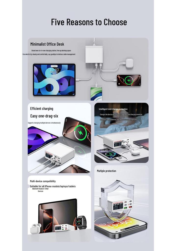 55-ваттное многопортовое USB-C зарядное устройство - 6 портов для быстрой зарядки мобильных устройств, планшетов, ноутбуков