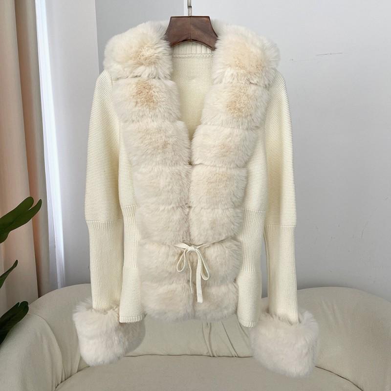 Womens Knit Cardigan With Faux Fox Fur Collar Thick Warm Loose Fit Winter Outerwear