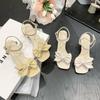 Summer 2024 with Medium Heels Women's Shoes Open Toe Footwear Buckles Bow Square Sandals for Woman New Breathable Fashion Sale H