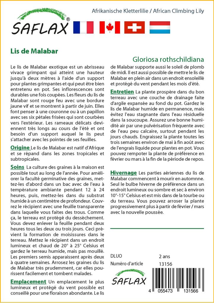 SAFLAX Лилия африканская вьющаяся - 15 семян - Gloriosa rothschildiana