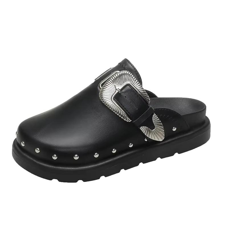 Fashion 2024 New Summer Women Slippers Platform Rivets Punk Rock Leather Mules Creative Metal Fittings Casual Party Shoes Female Outdoor