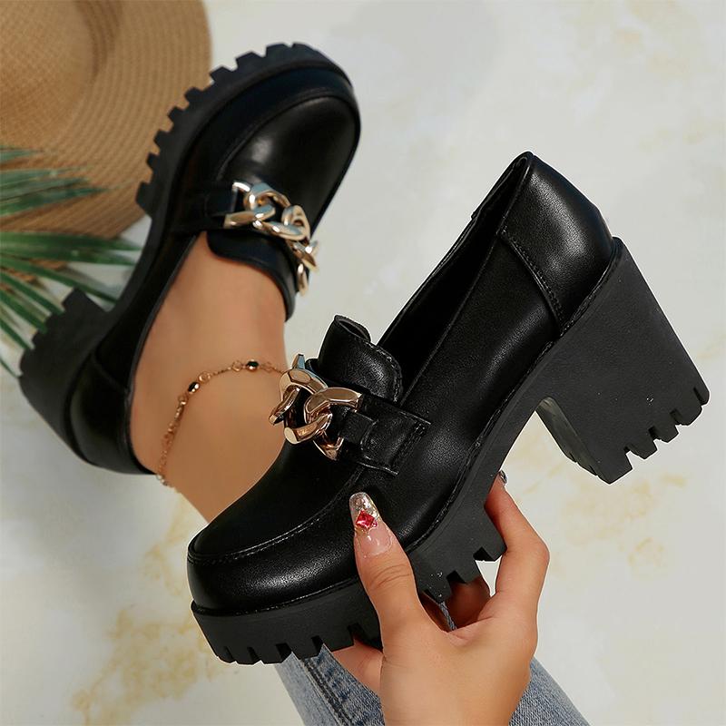 Модные туфли на высоком каблуке с цепочкой, женские туфли-лоферы, кожаные туфли на толстом каблуке, модные туфли для ходьбы, женские туфли-лодочки 2024 года, элегантные туфли-лодочки Zapatillas, женские
