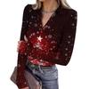 Женская модная повседневная блузка с V-образным вырезом, длинными рукавами и принтом на рождественскую тематику, застегивающаяся на пуговицы