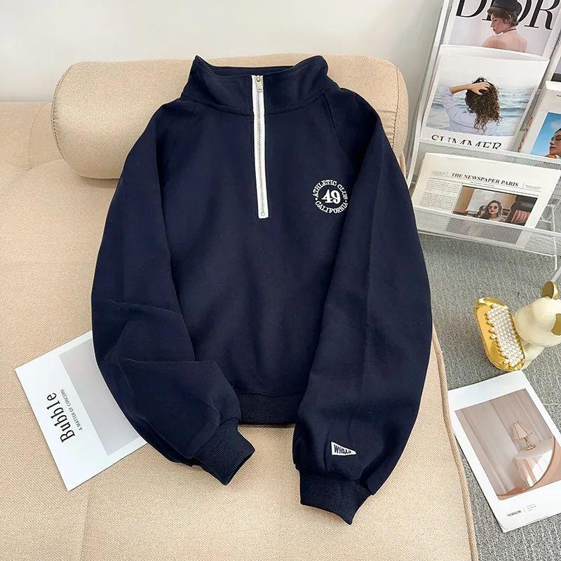 Женский ретро свитер с вышивкой на молнии до середины груди, со стойкой, осенне-зимний пуловер с длинным рукавом и плюшевой подкладкой