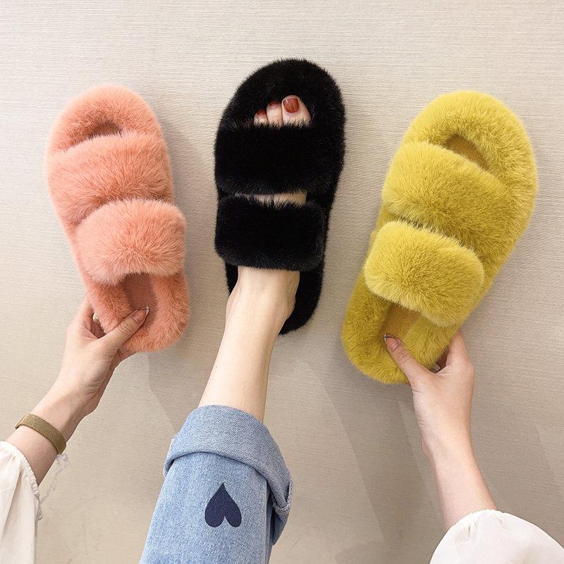 Winter Fluffy Slippers Women 2024 Hot Sales House Home Fur Slippers Women Flat Platform Cozy Fuzzy Indoor Shoes Korean Slides