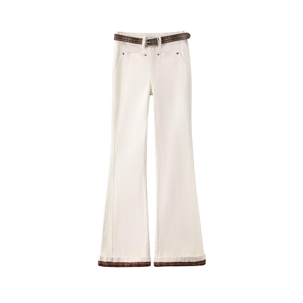 American washed light blue slightly pulled jeans women's high waist slim-fitting pear-shaped body covering hips contrasting color design flared pants
