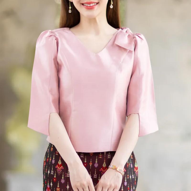 ZANZEA Женская летняя свободная повседневная блузка с V-образным вырезом и рукавом 3/4