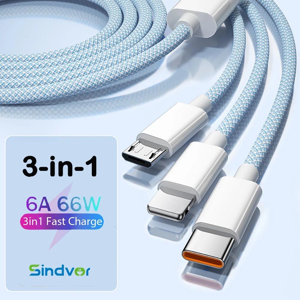 3in1 6A 66W Ultra Fast Charging Cable Fast Charger USB ToType C Cable Charging Cable Mobile Data Cable Suitable For IOS Android Phone 1.2M/2M