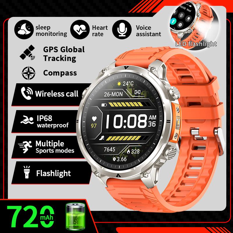 Новые умные часы с GPS для мужчин, батарея 720 мАч, водонепроницаемость IP68, Bluetooth-звонки, 1,7-дюймовый HD-экран, спортивные, фонарик, компас, умные часы для мужчин