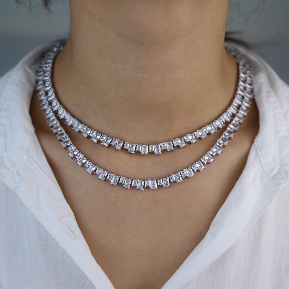 5A Iced Out Bling Rectangle Cz Tennis Necklace for Women 16" 18"