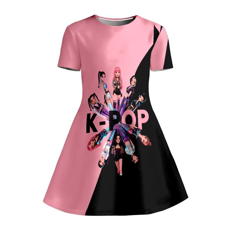 Джинсовое платье для девочек с цветочным кружевом и бантом K-pop Мультяшная девочка Божья коровка Принт с буквами Круглый вырез Короткий рукав А-силуэт Детское летнее платье-трапеция