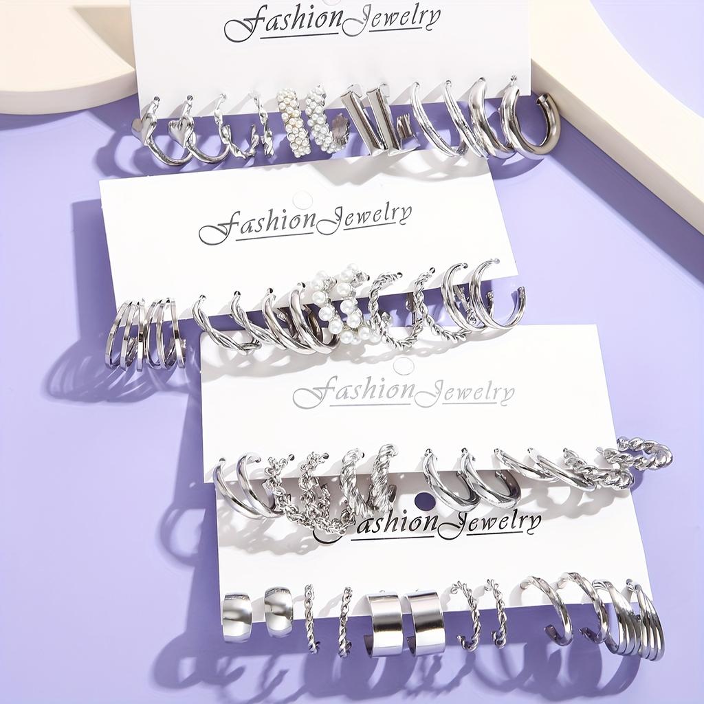 Подарочный набор из 24 пар модных ювелирных украшений, креативный простой геометрический комплект серег-колец с искусственным жемчугом, минималистичные серьги-гвоздики и серьги-кольца