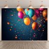 A 2D flat banner background for home decoration, featuring colorful balloons and confetti.