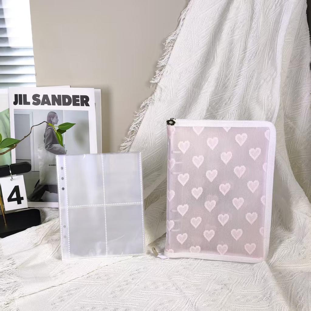 Ins Style Love Lace A5 Zipper 6-hole Loose leaf Notebook with Edge Wrapping Transparent Star chasing Handbook Storage Book, Includes 20 internal pages