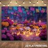 2D Flat Banner Decorated with Mexican Carnival Decorations, Complemented by Sugar Skeletons and Purple, Pink, and Orange