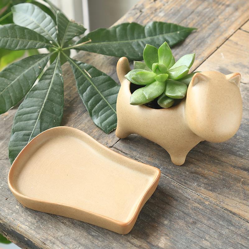 Terracotta Plant Pot Zakka Ceramic Succulent Bisque Pot with Saucer Cute Cartoon Animal Ceramic Flower Pot