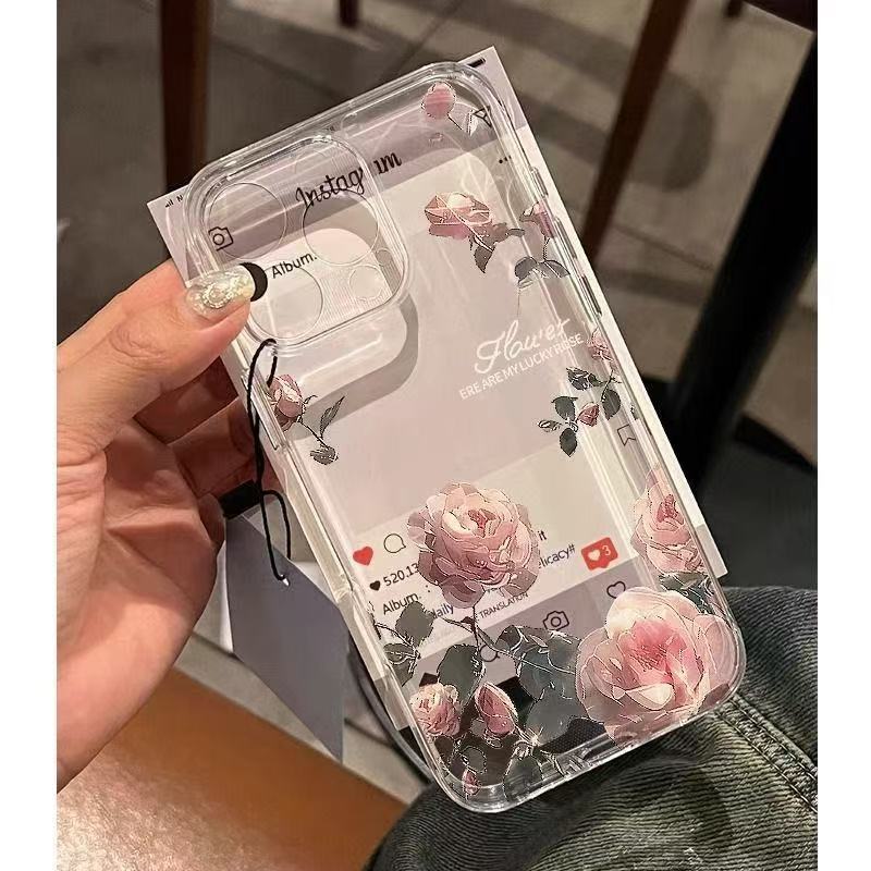 Pink Roses Suitable for Iphone16promax Mobile Phone Case Simple Transparent Apple 15 Anti Fall 1413 Fresh