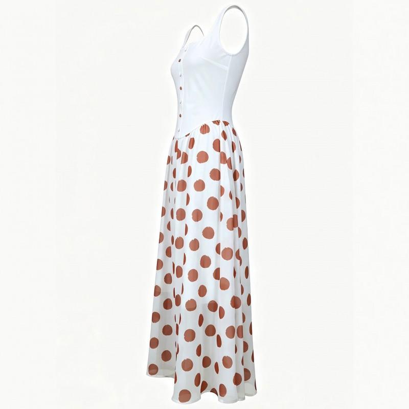 FD2492 Vacation Style Sexy Square Neck Slip Dress Polka Dot Chiffon Long Skirt