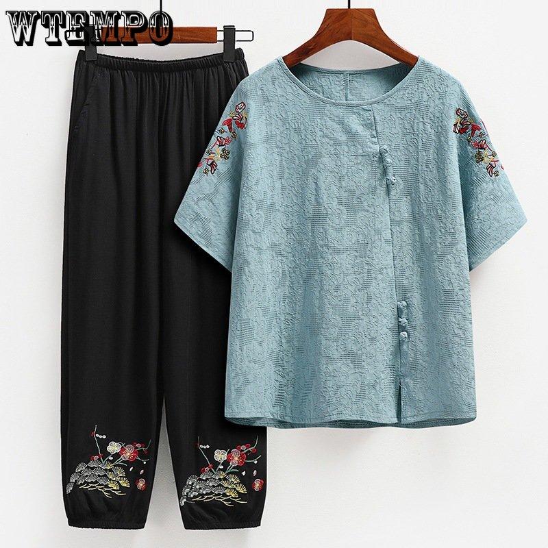 Летний костюм из хлопка и льна для среднего и пожилого возраста, женский летний хлопковый костюм с короткими рукавами для мамы, хлопковая футболка, брючный костюм