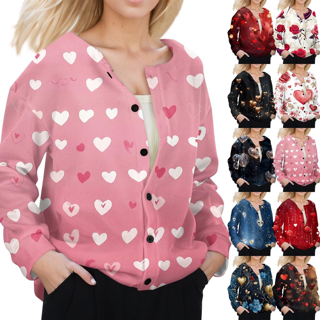Women's Fashion Valentine's Day Printed Long Sleeve Cardigan Button Jacket