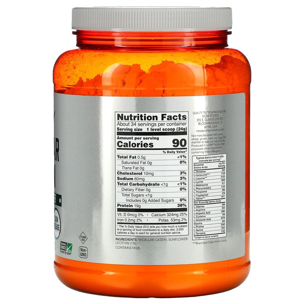Now Foods Sports, Micellar Casein Protein Powder, Unflavored, 1.8 Lbs (816 G)