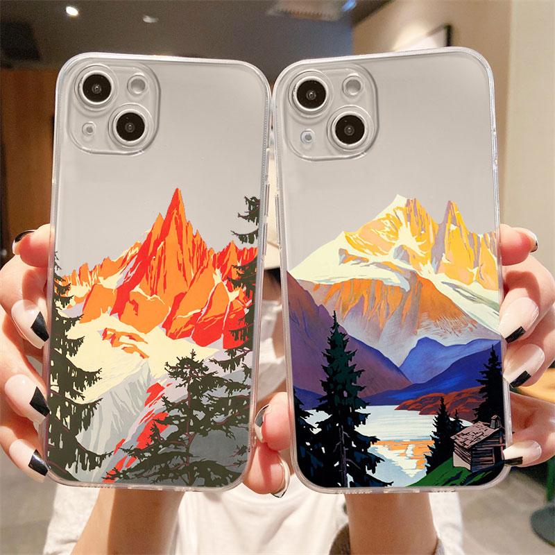 Прозрачный чехол для Apple iPhone 14 11 13 12 Pro 7 8 Plus XR X XS Max 6 6S 13Pro Чехол для телефона Mountain Peak Lake Винтажный постер