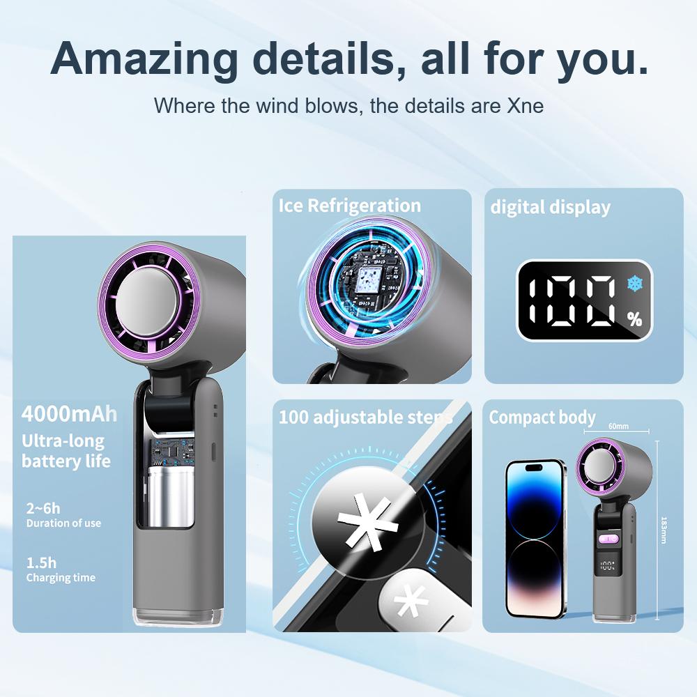 4000mAh Speed(100) with Ice Cooler Handheld Portable Fan USB Powered For Camping Hiking Fishing Super Mini 13000 Rpm Small Pocket Fans Rechargeable